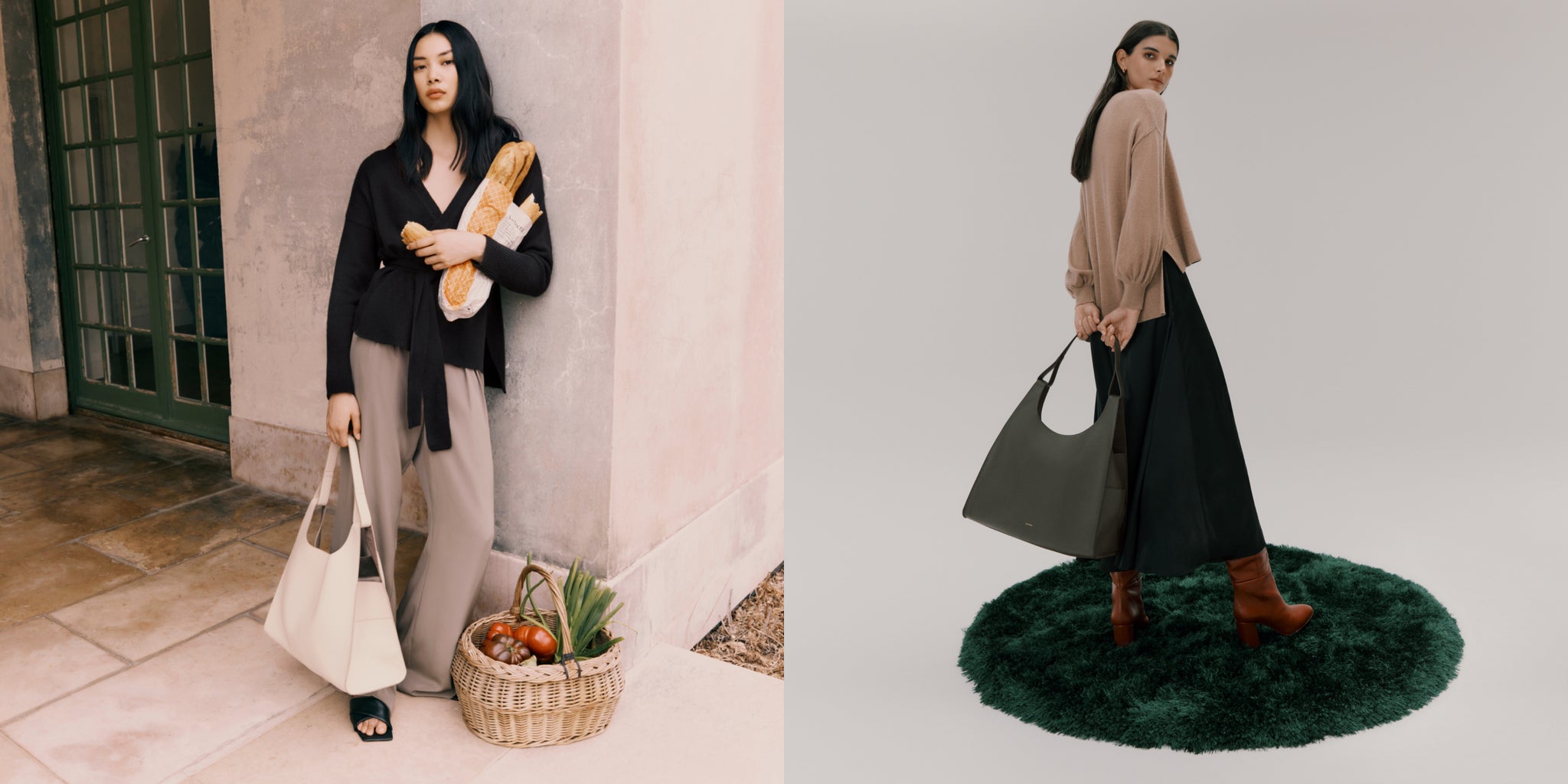 Two women posing with bags, one near a basket of groceries, another on a circular rug.