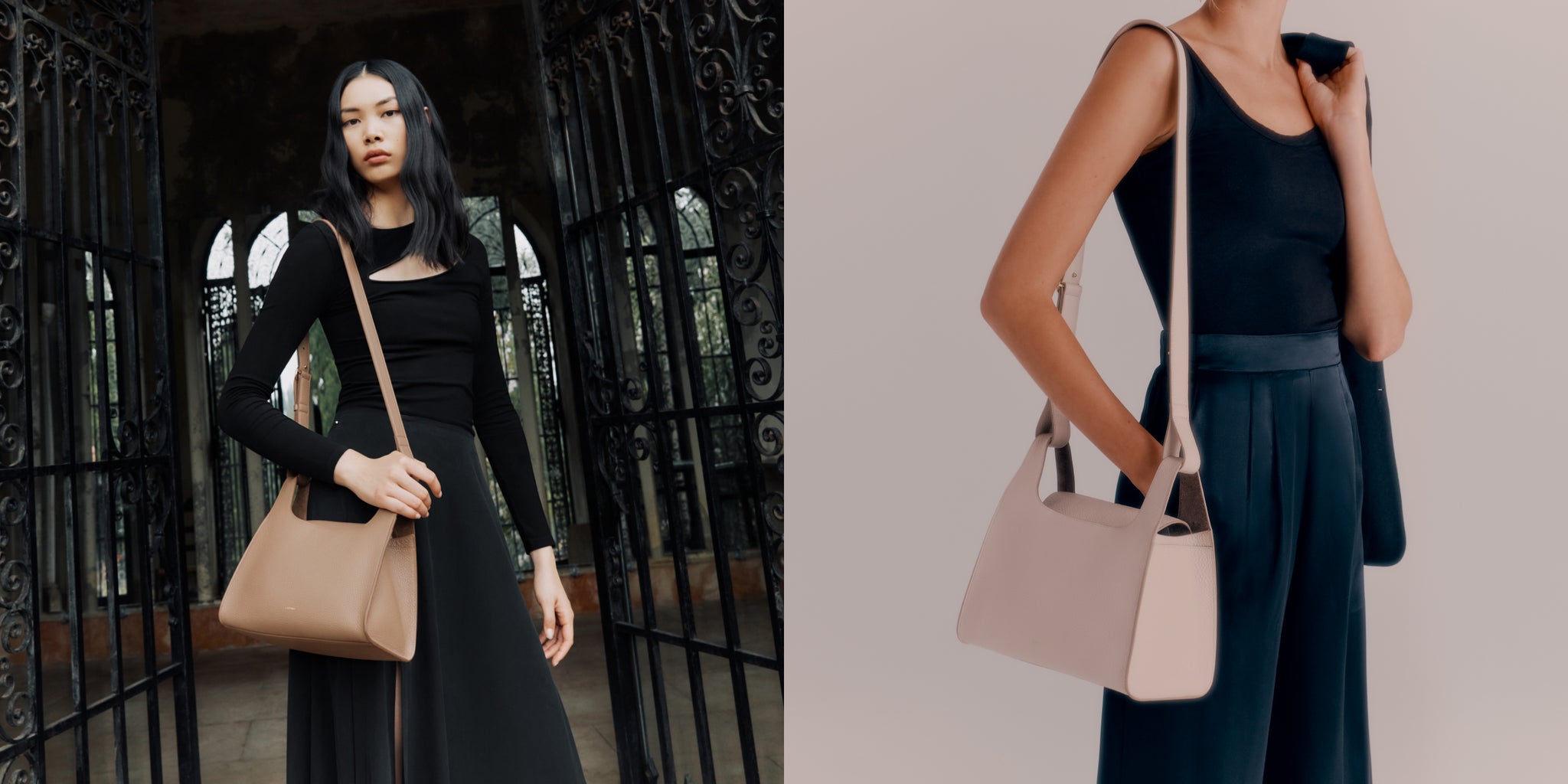Two women holding handbags, one standing by a gate, the other holding a bag.
