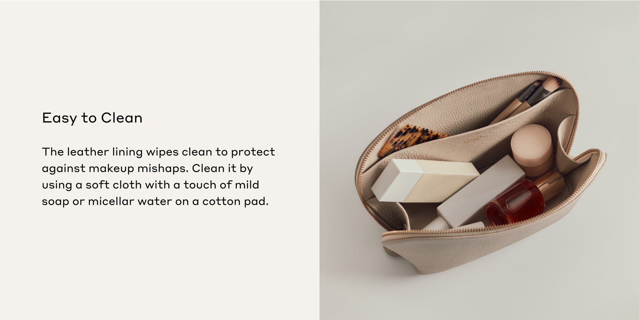 Cosmetic products arranged inside a small, open organizer on a plain surface.