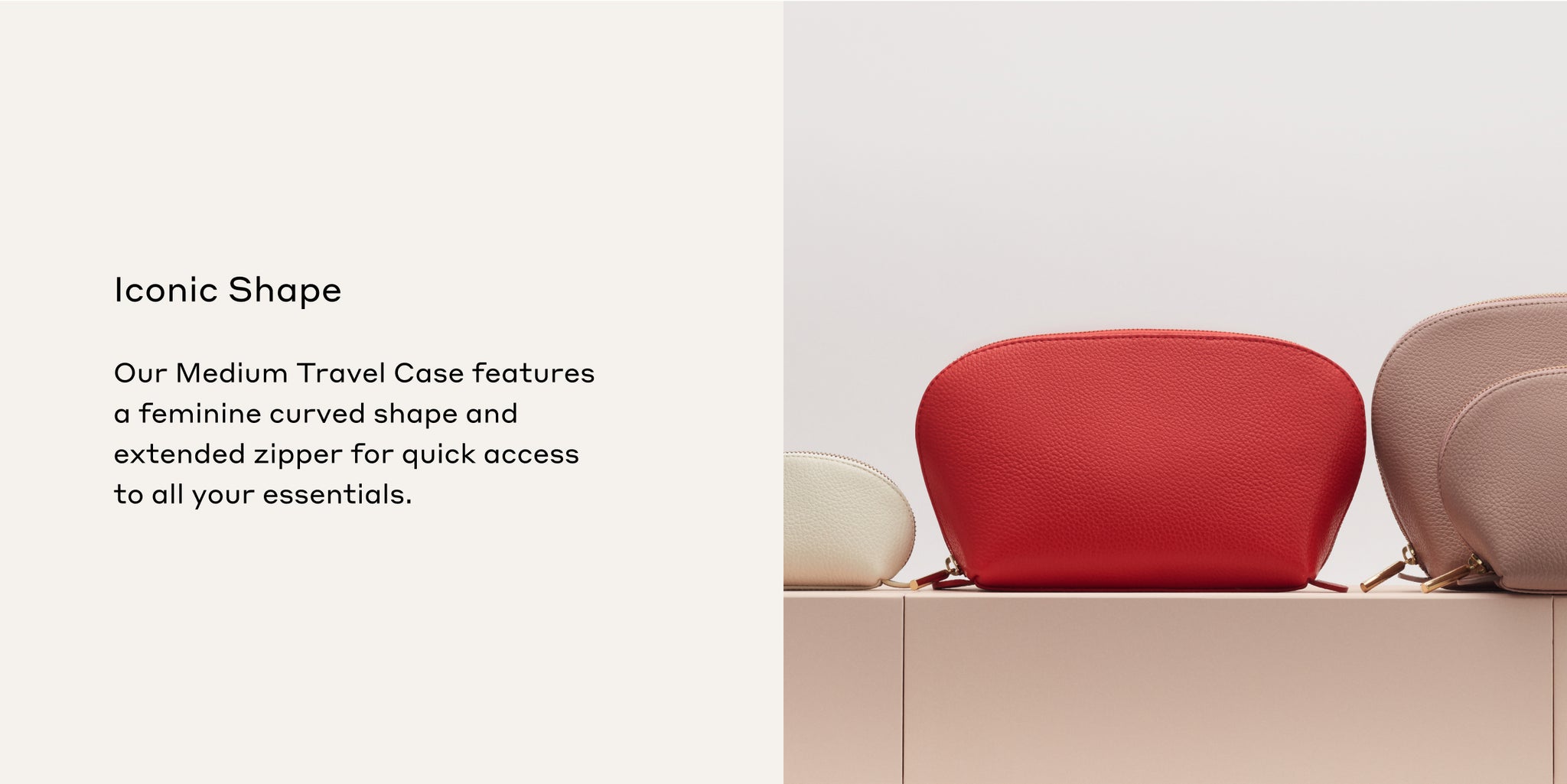 Three travel cases on a shelf with text describing features.