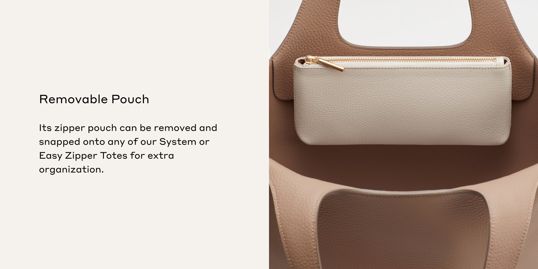 Handbag with a detachable zipper pouch attached to the front.
