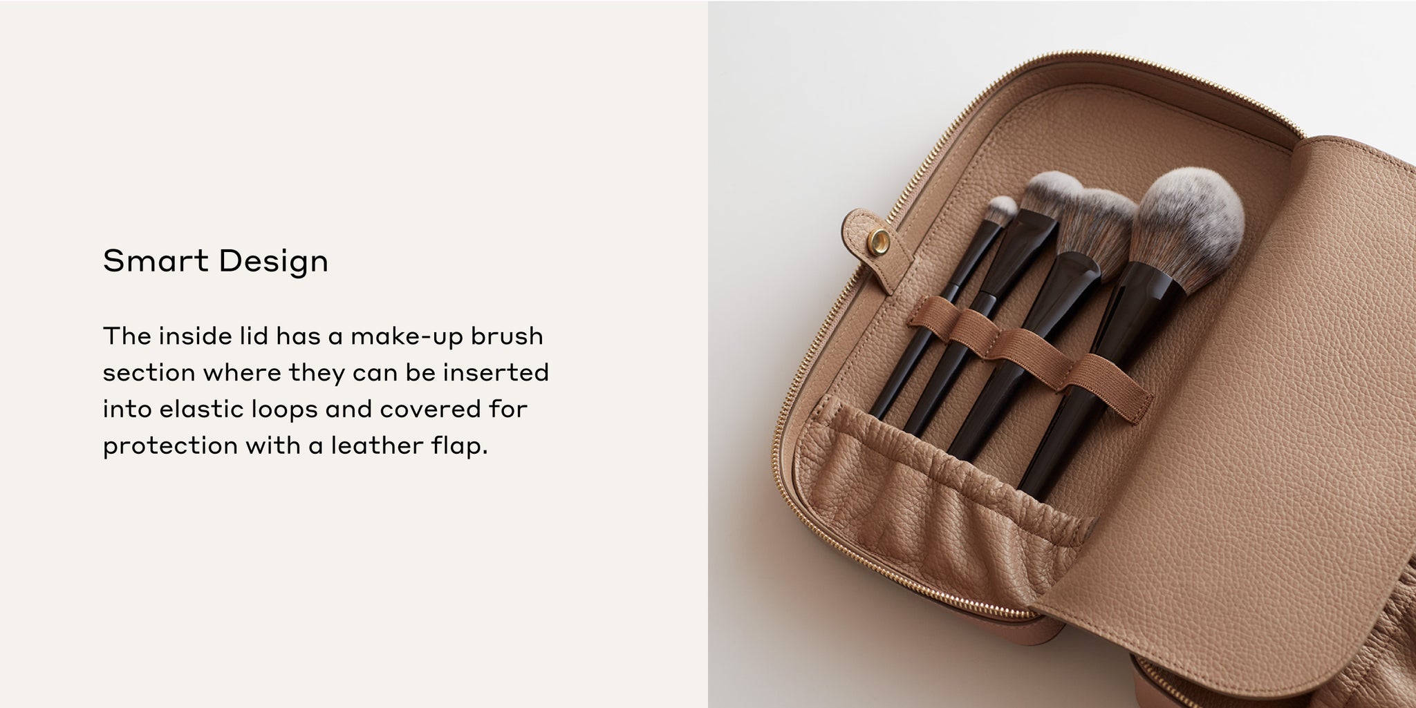 Makeup brushes stored inside an open organizer with a flap.