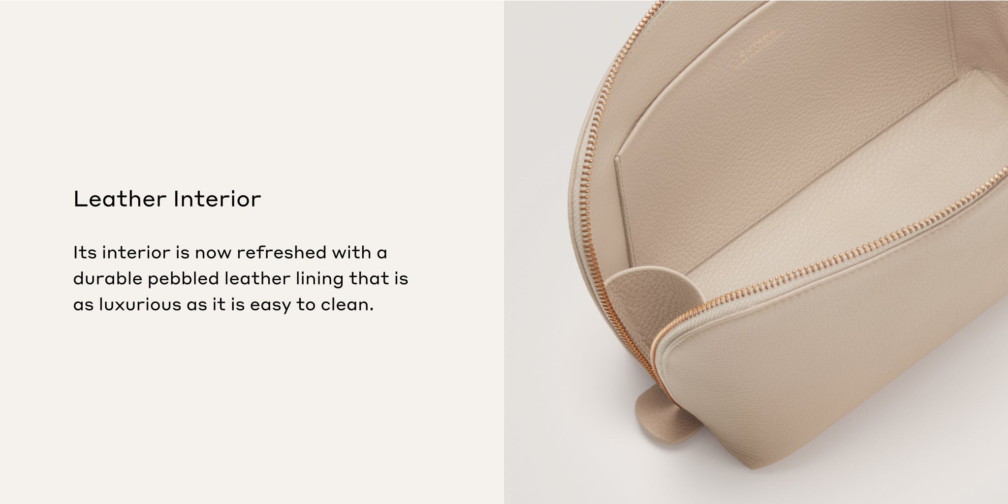 Interior view of a leather bag with text describing its features.