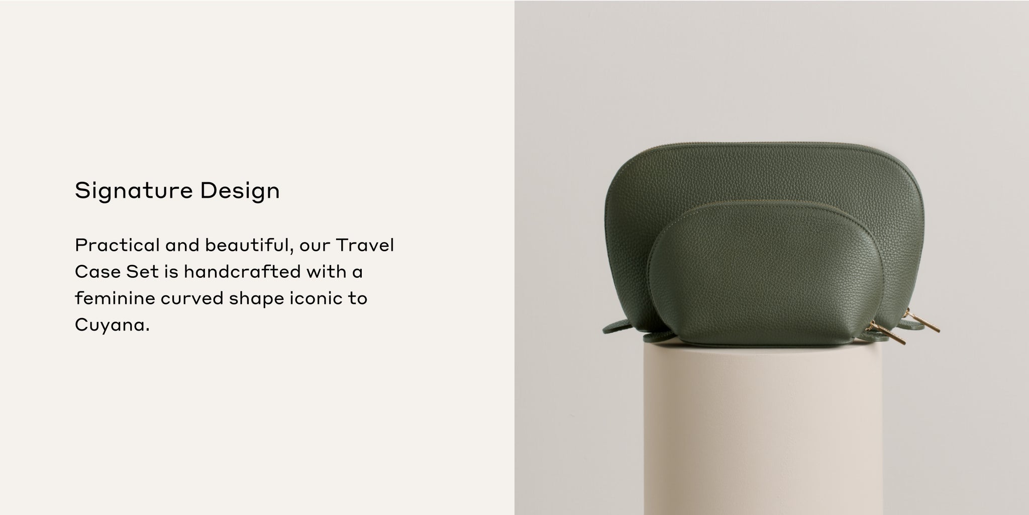 Two images of a travel case on a neutral background with text description.