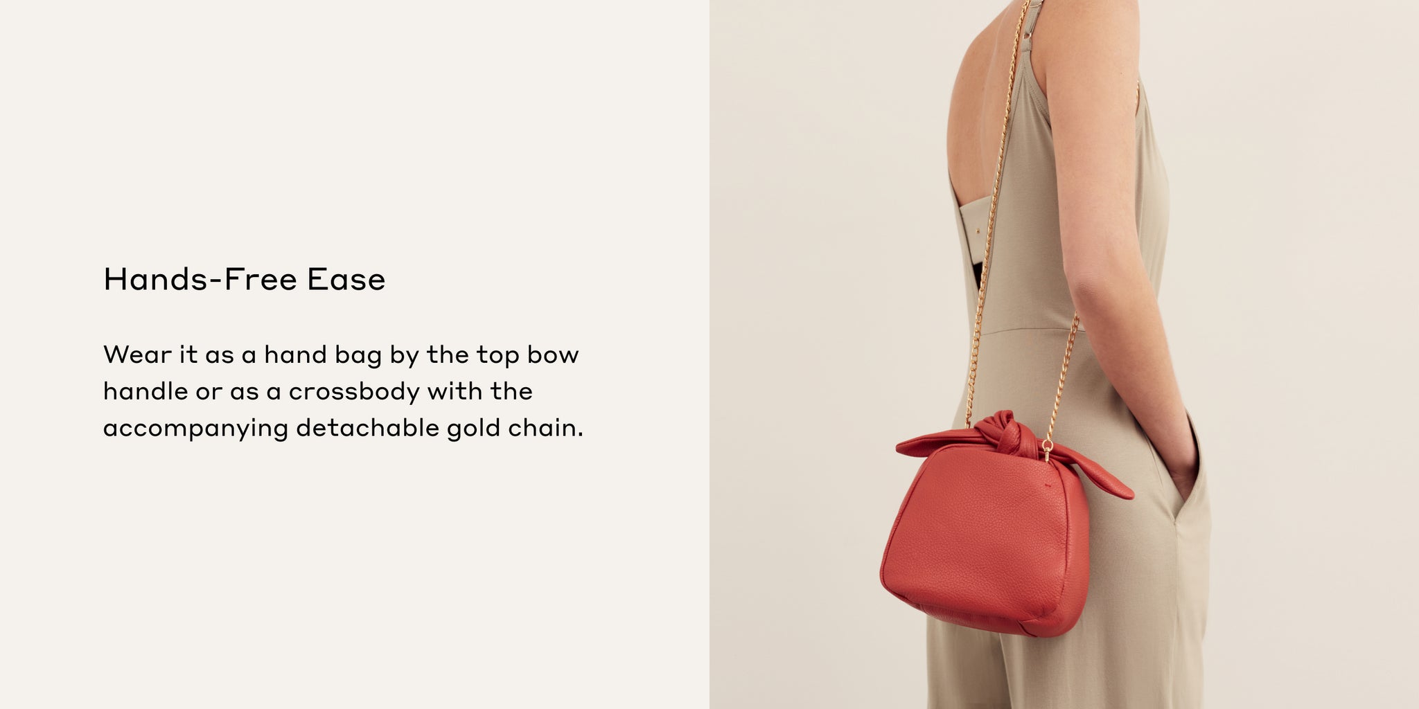 Woman with a handbag, text advertising hands-free bag use.