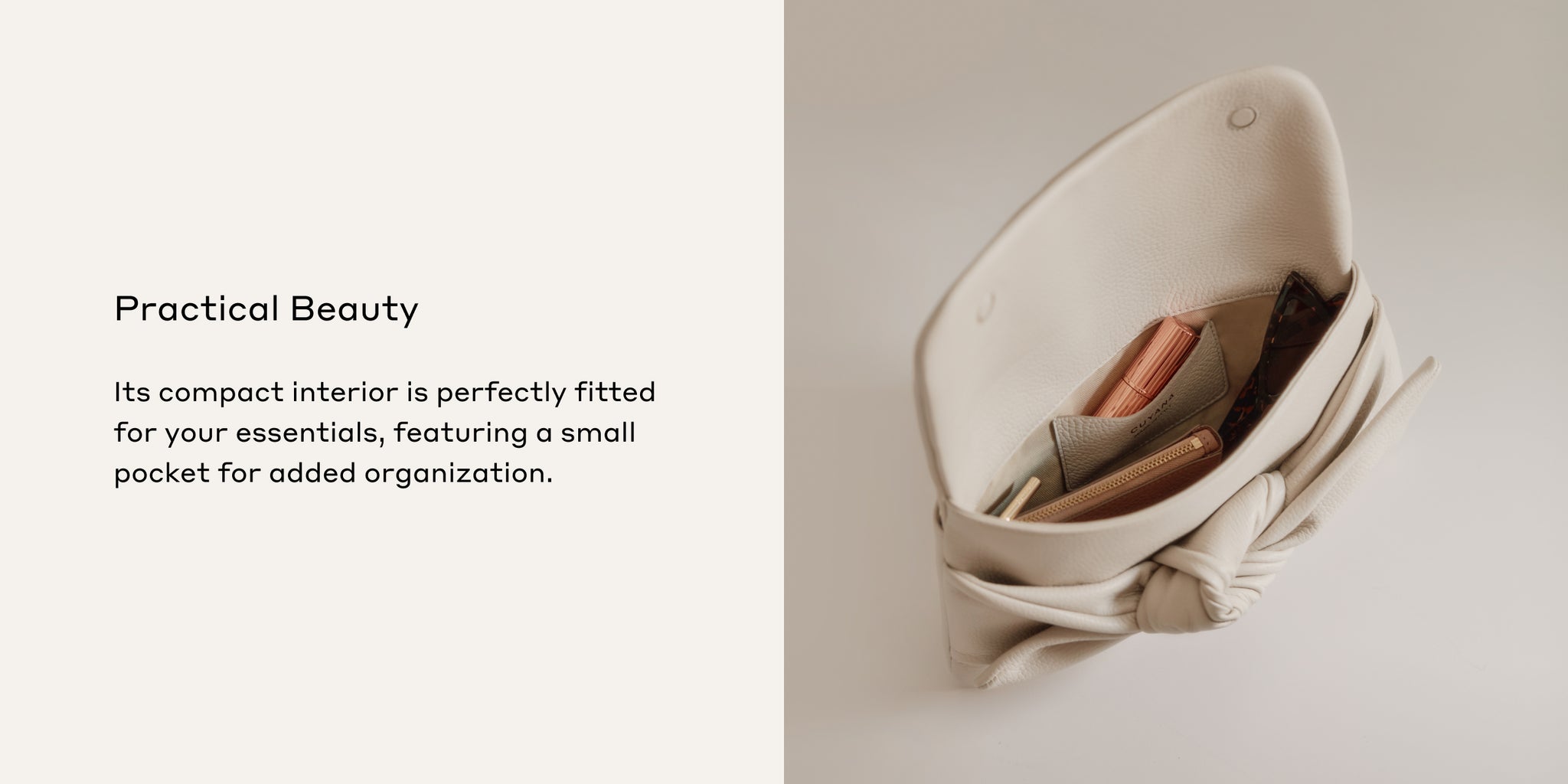 Small open leather bag with items inside, displayed next to text about its design.