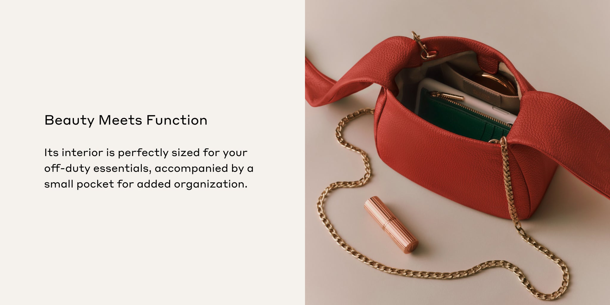Open handbag with items visible inside and a strap partially extended.