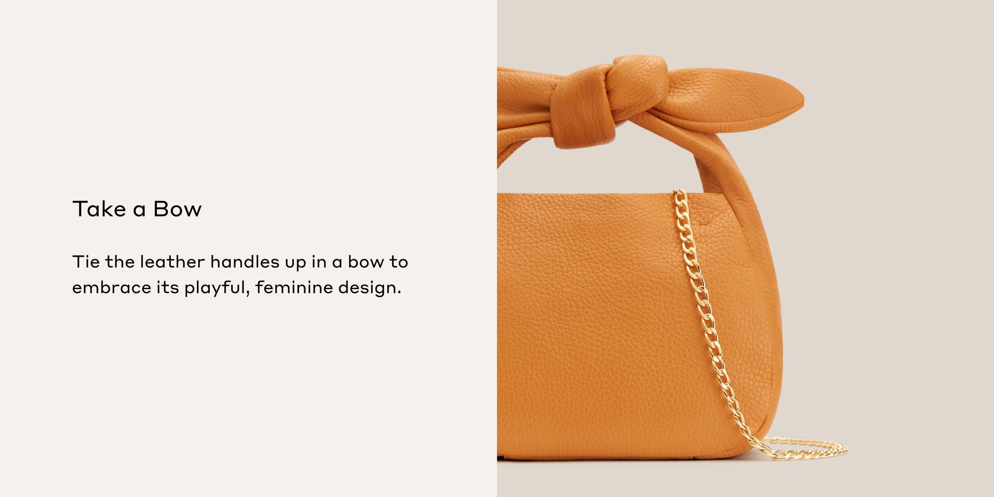 Purse with tied handle and chain strap on plain background.