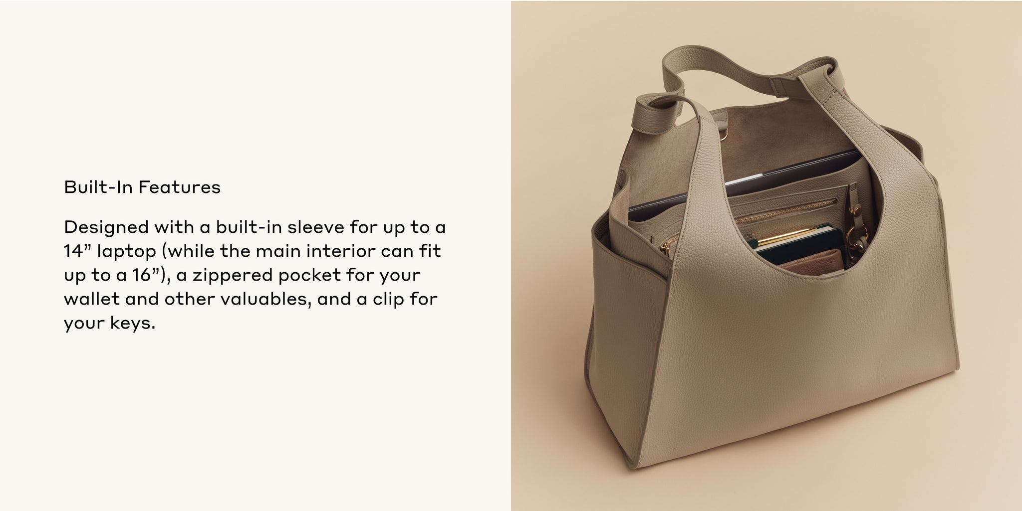 Bag open showing internal compartments with a laptop inside.