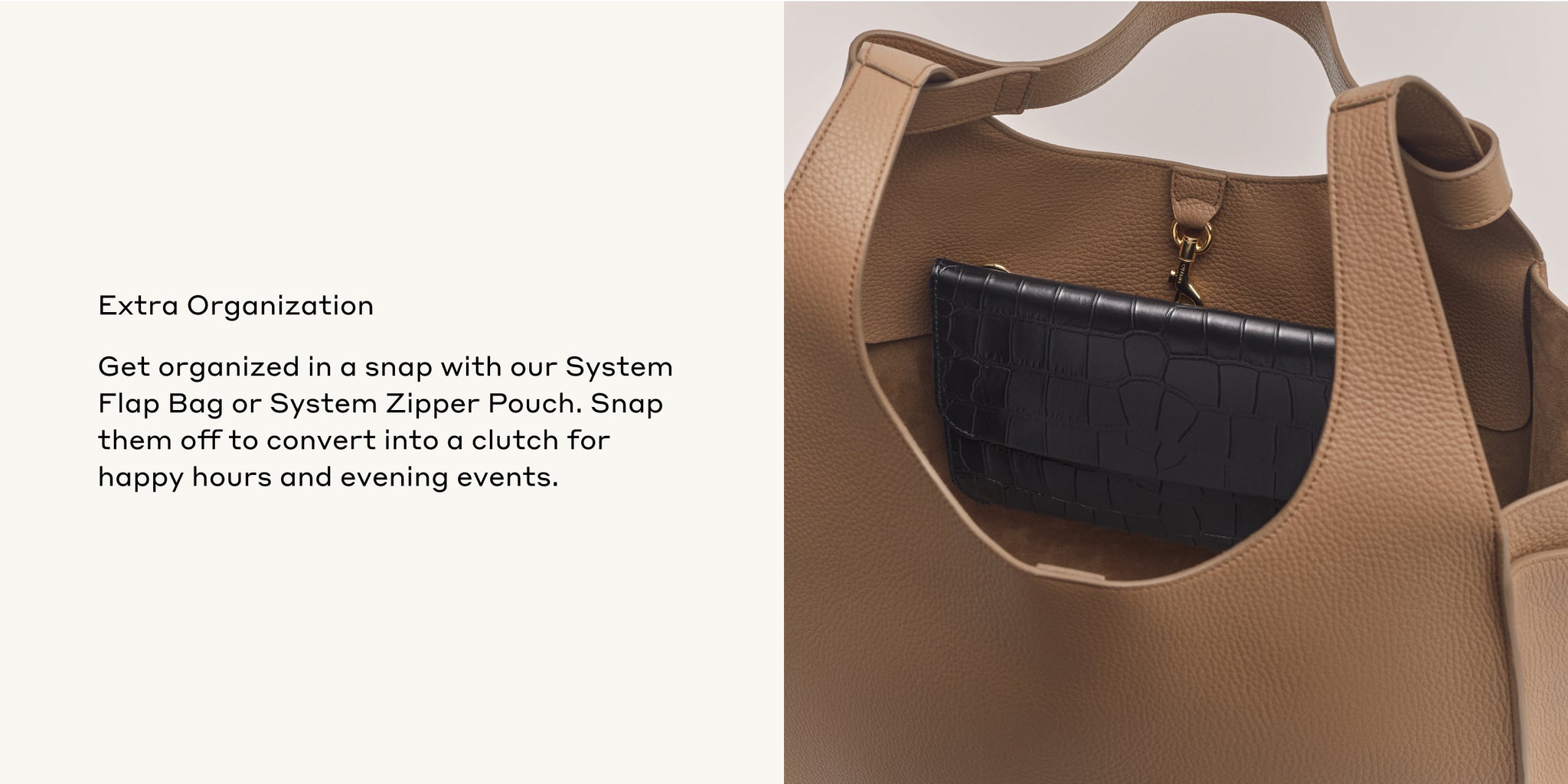 Open handbag showing an inner zipper pouch.