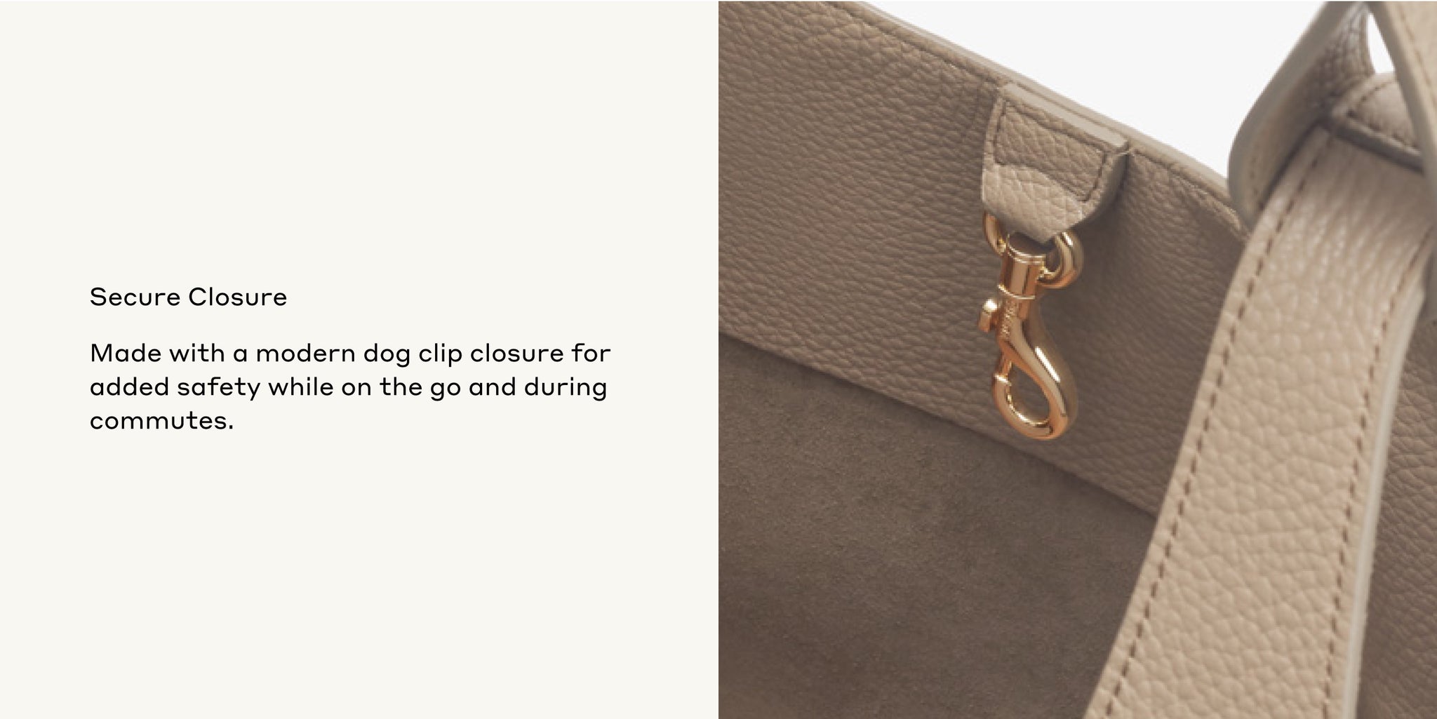 Close-up of a bag with a dog clip closure.
