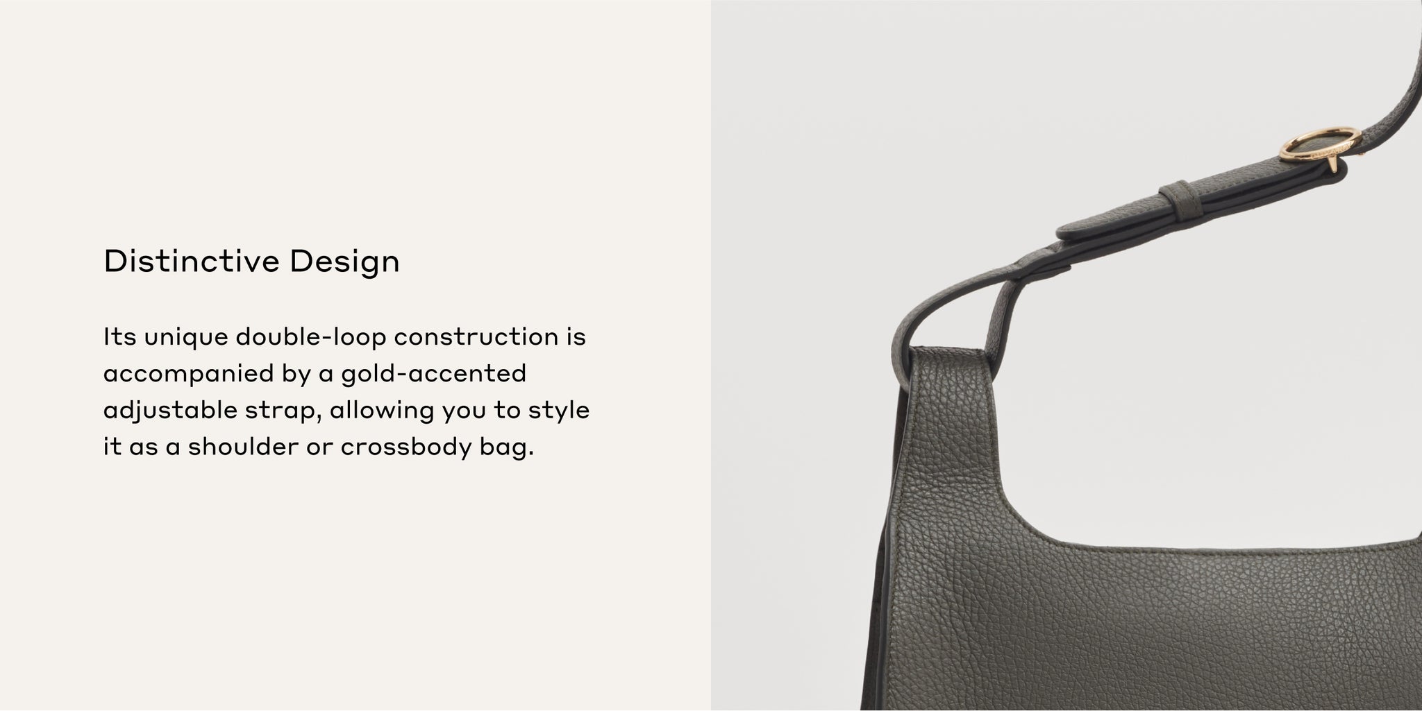 Close-up of a bag strap and text describing its design features.