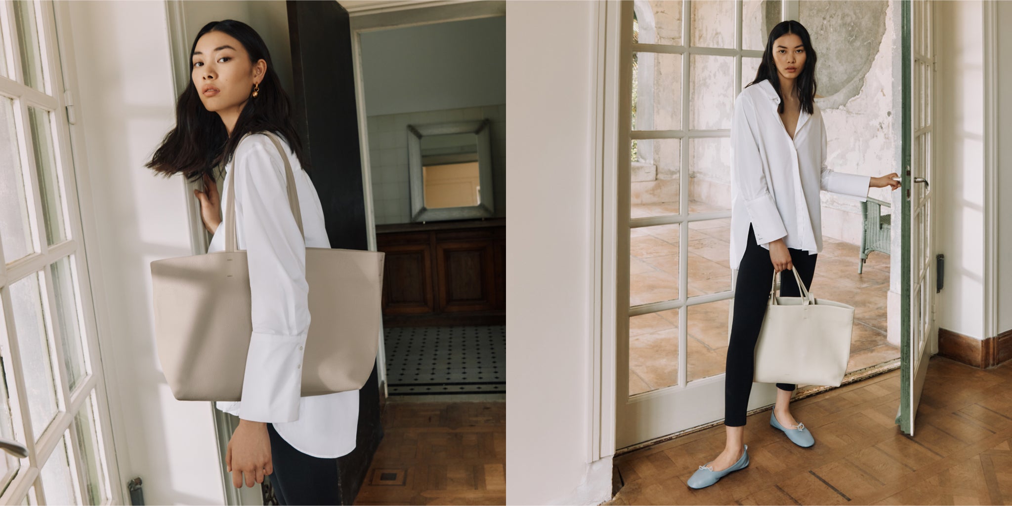 Woman in a room looking at mirror and standing by a door with a bag.