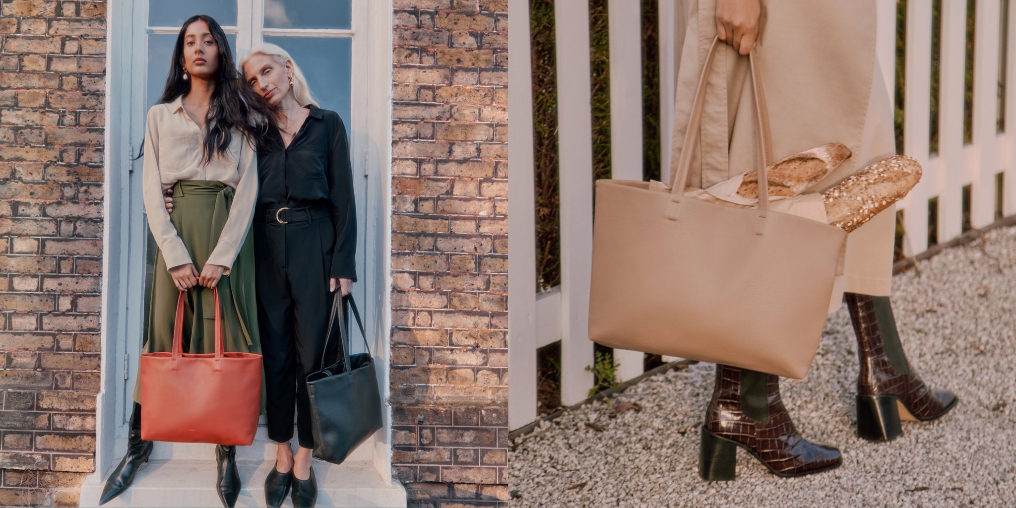 Two women posing with bags, and a close-up of a bag and boots