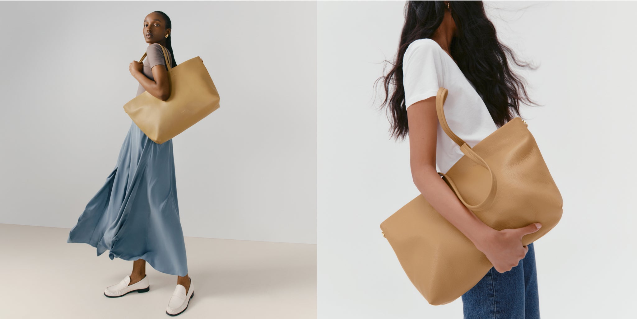 Two women posing with large handbags in different outfits
