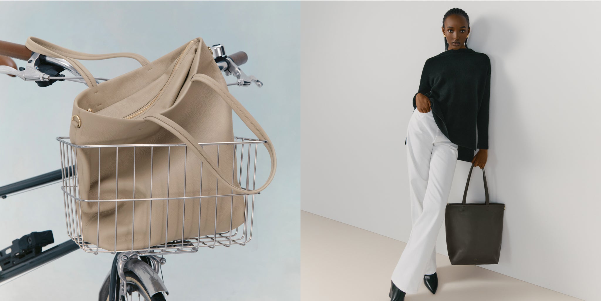 Bicycle basket with a bag hanging on one side; person leaning against wall holding a bag on the other side.