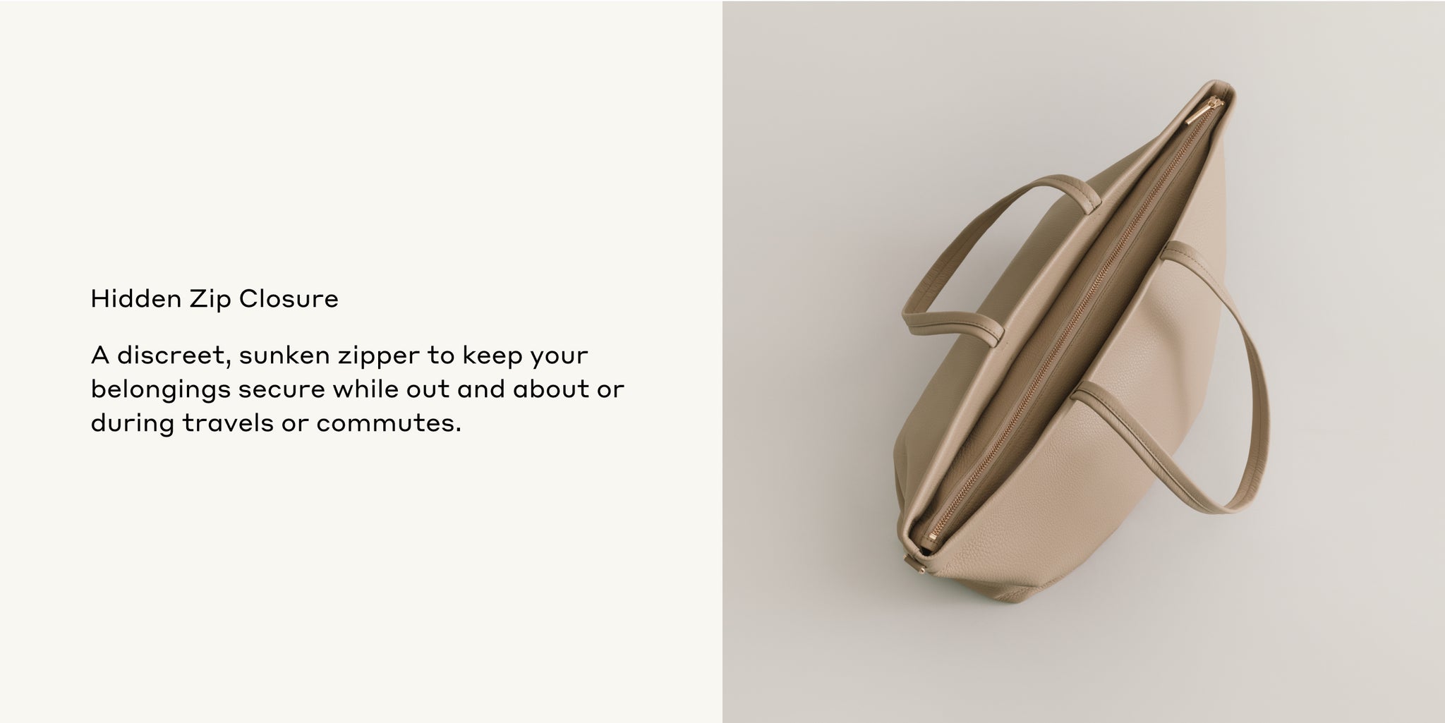 Purse with hidden zip closure, viewed from above on plain background.