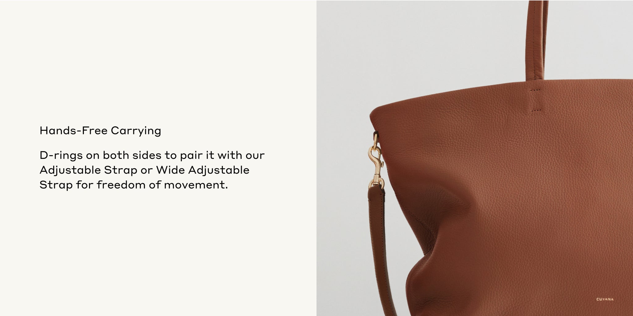 Leather bag with a strap and text promoting hands-free carrying.