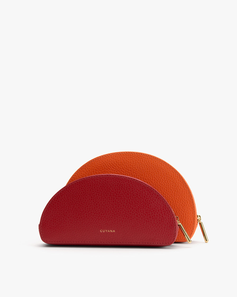 Two semicircular zipper pouches with smaller one in front of larger pouch.