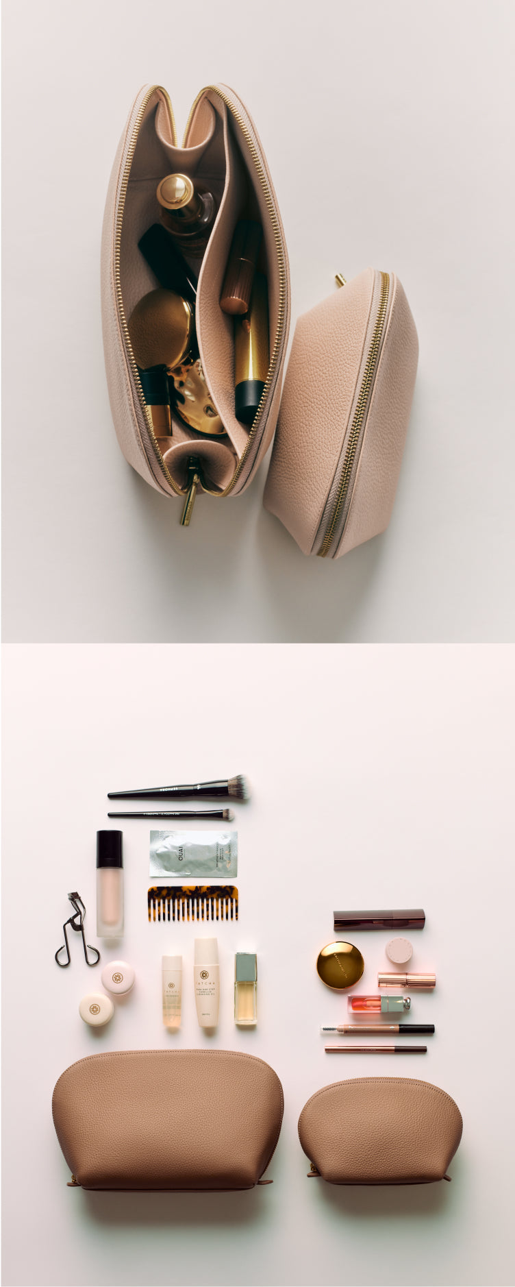 Two cosmetic bags with makeup products and tools arranged on a flat surface.