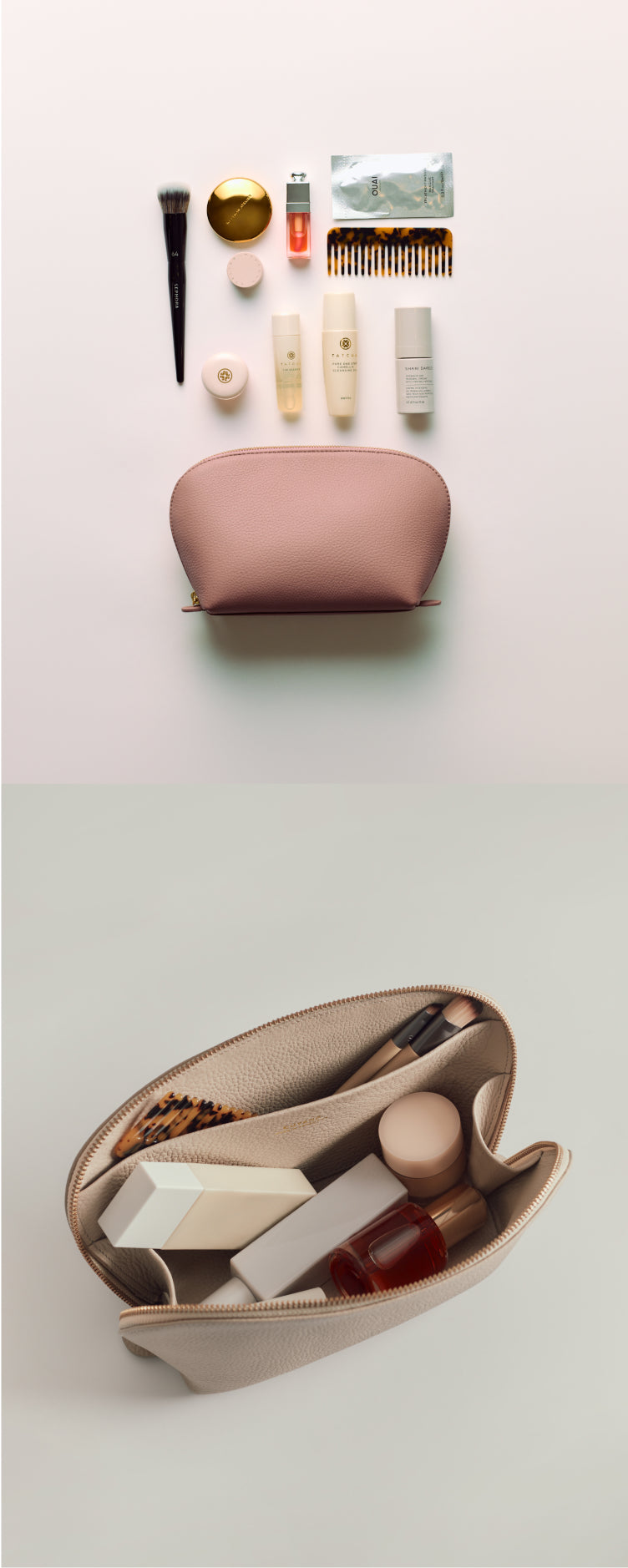 Makeup bag with cosmetics and makeup items displayed above and packed inside.