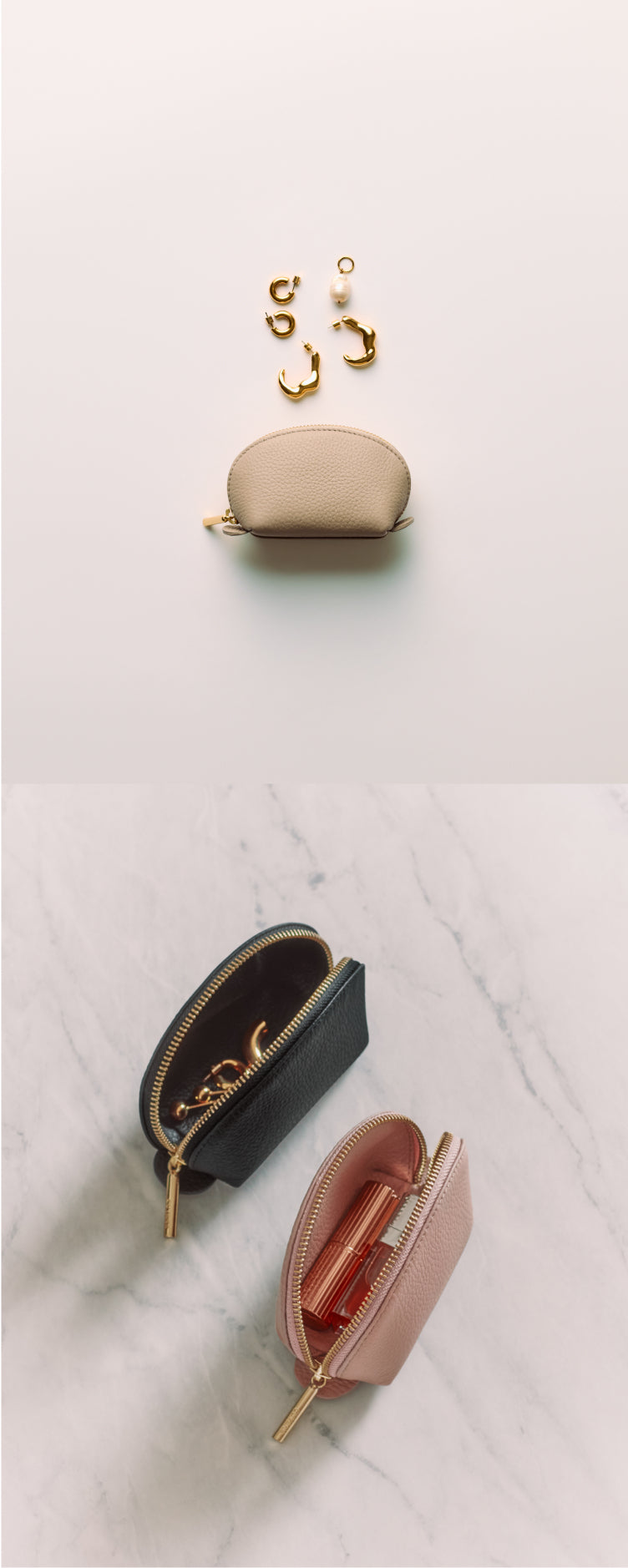 Earrings above a small pouch; two pouches on a marble surface with items inside.