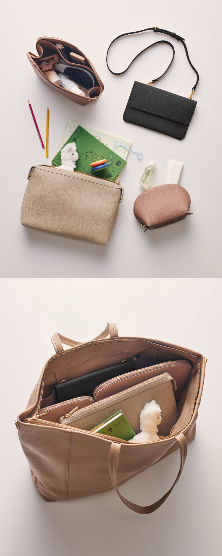 Assorted bags and items displayed, with a travel bag packed below.