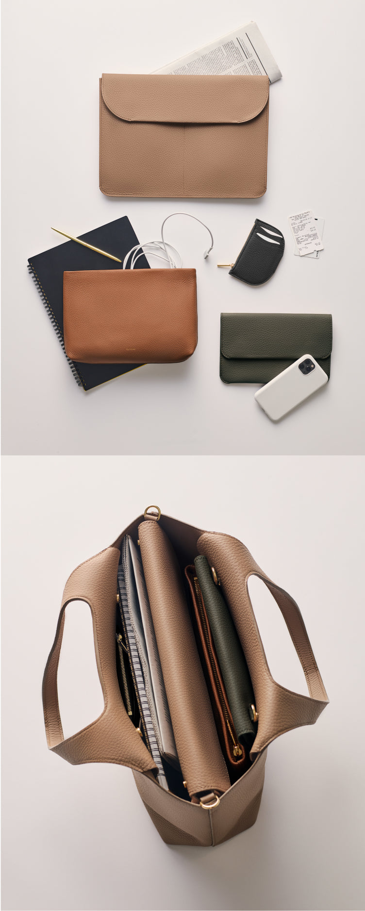 Top view of various pouches, accessories, and a tote bag with items inside.