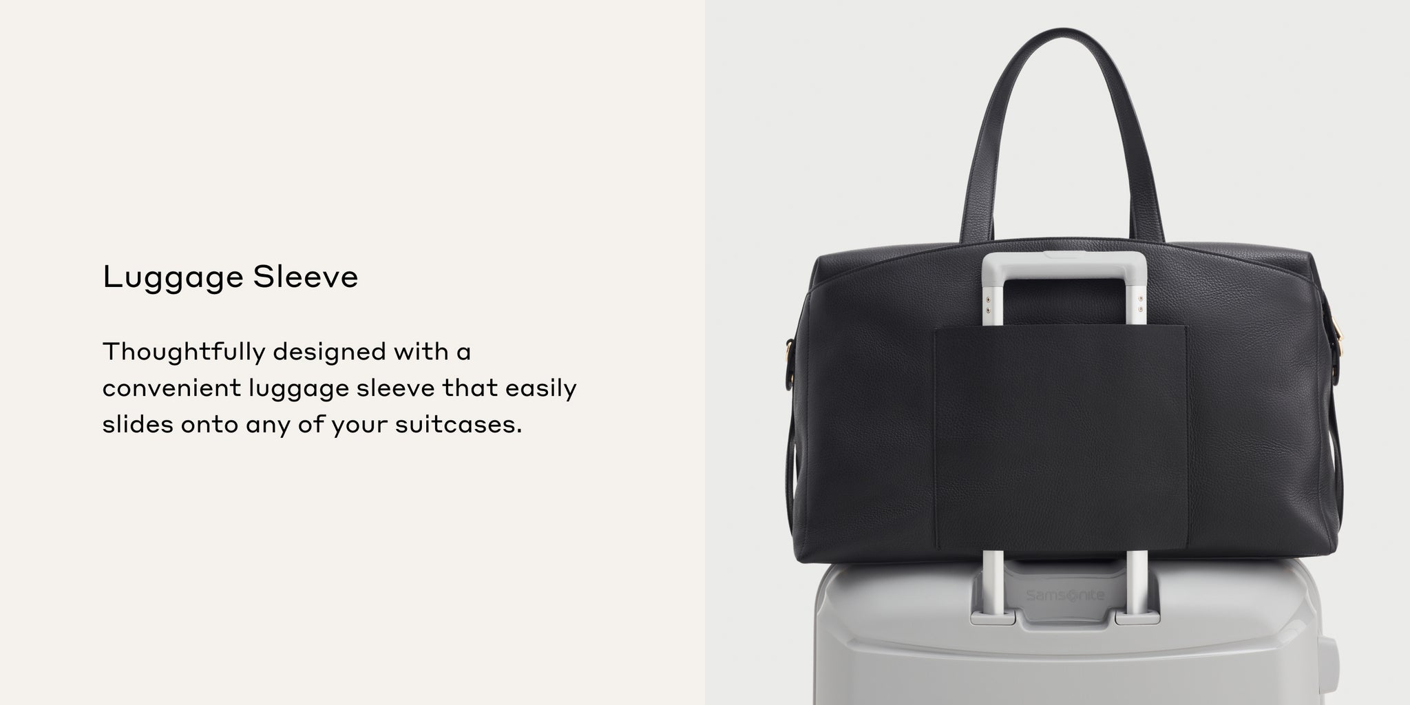 Two images of a bag with a sleeve for sliding over suitcase handles.
