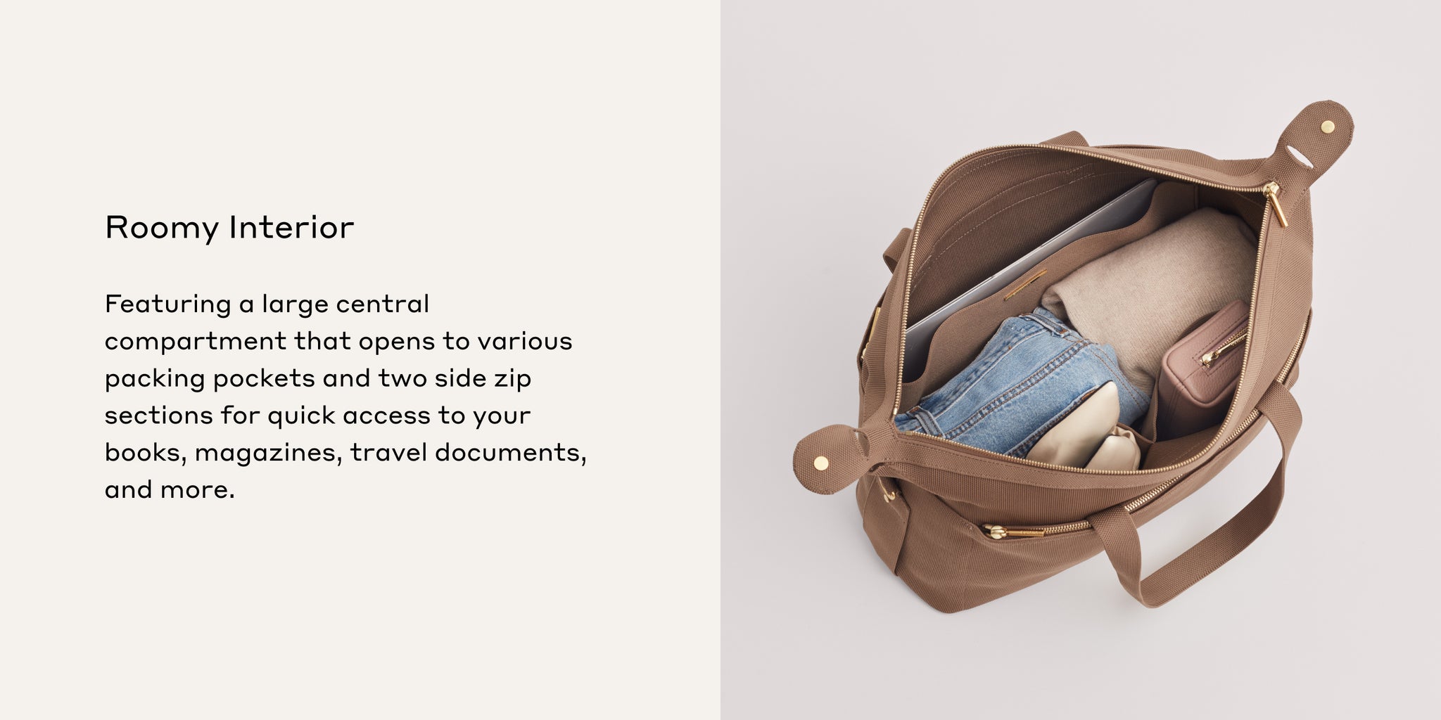 Open bag showing interior with books, clothing, and travel documents.