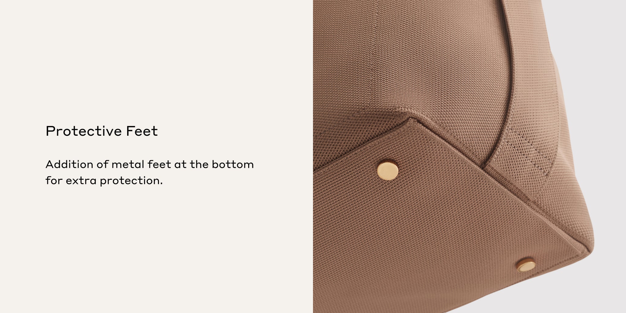 Close-up of a bag's bottom corner with metal feet for protection.
