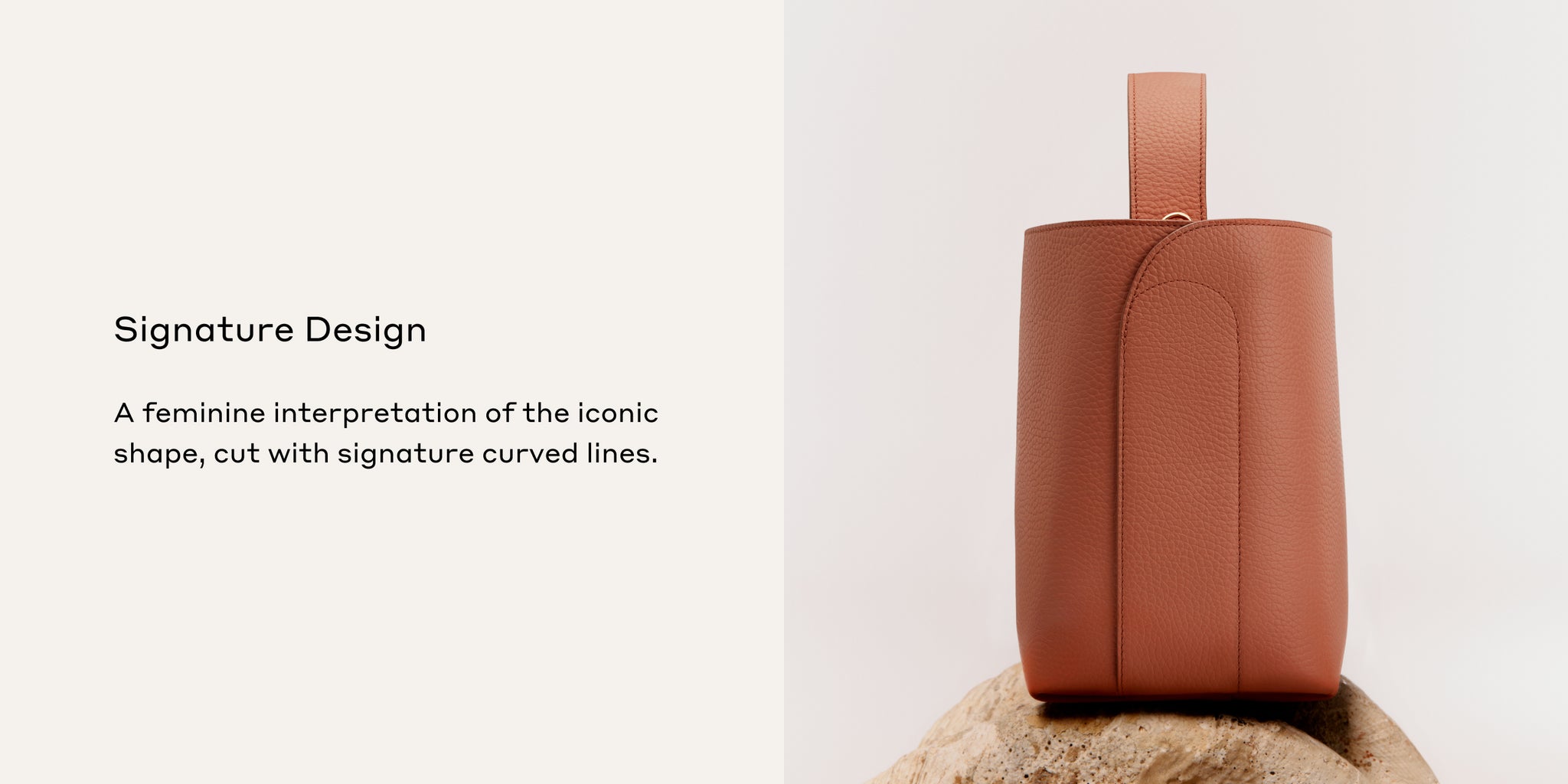 Handbag on textured surface with text describing its design on the left side.