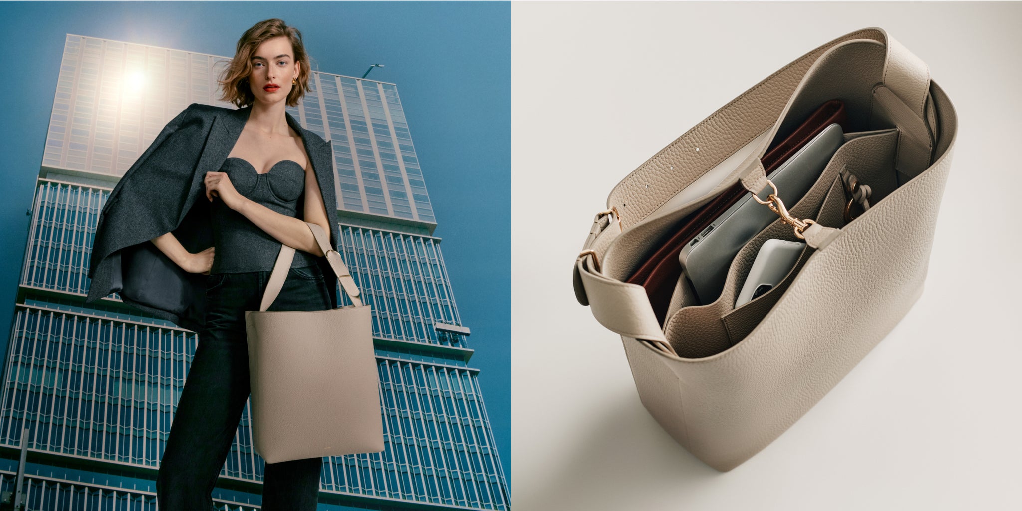 Woman with a handbag standing by a tall building; close-up of an open handbag showing compartments.