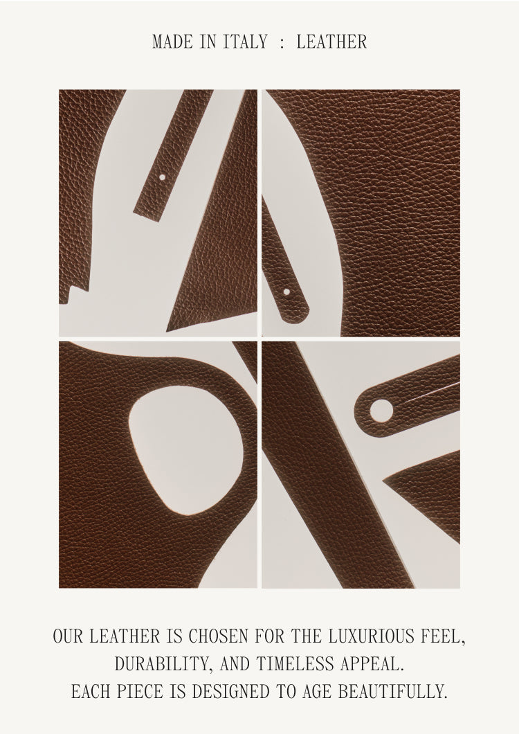Leather pieces and text about Italian-made quality and durability.