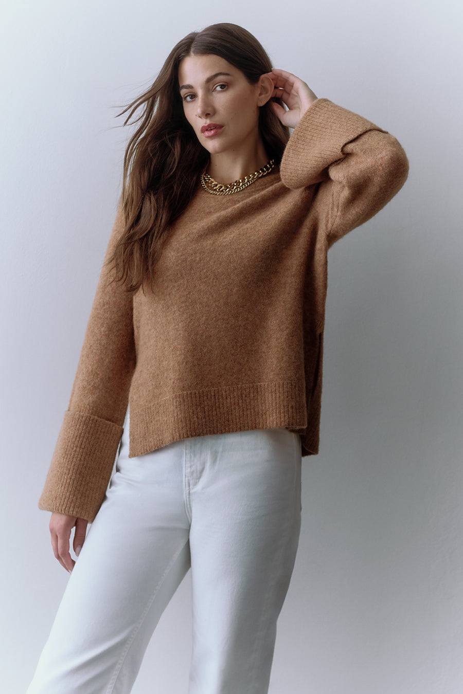 Alpaca Wool Rolled Cuff Sweater Camel / Large