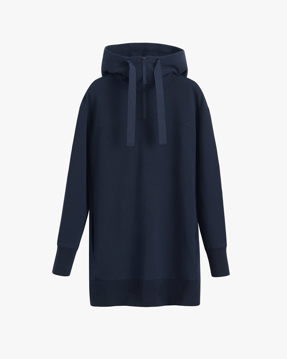 Long hooded sweatshirt with drawstrings and front zipper