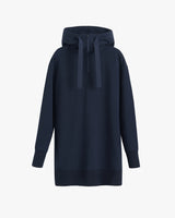 Long hooded sweatshirt with drawstrings and front zipper