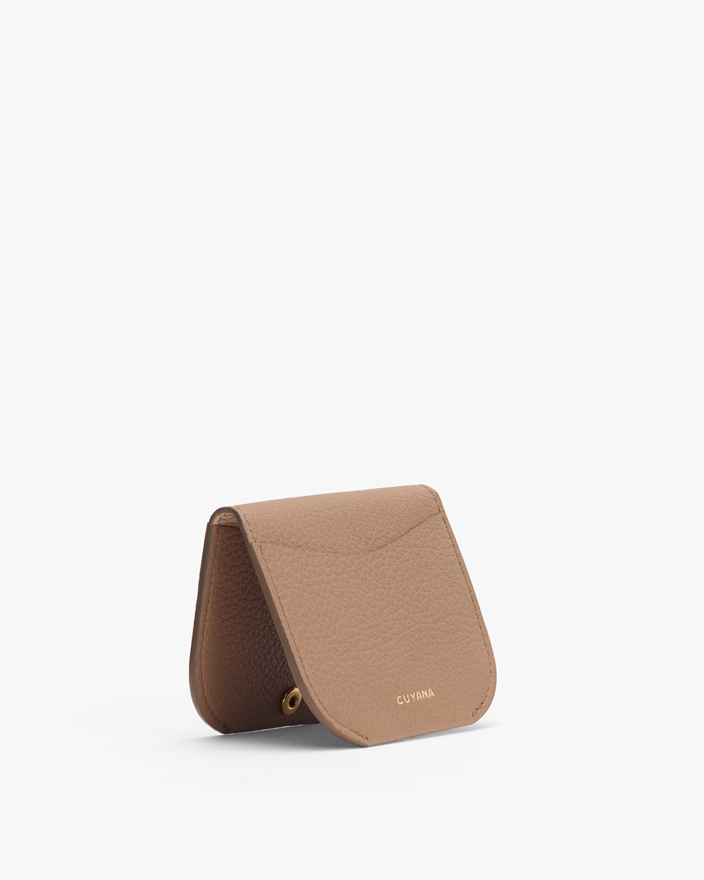Fold Cardholder Small textured leather bag standing upright.