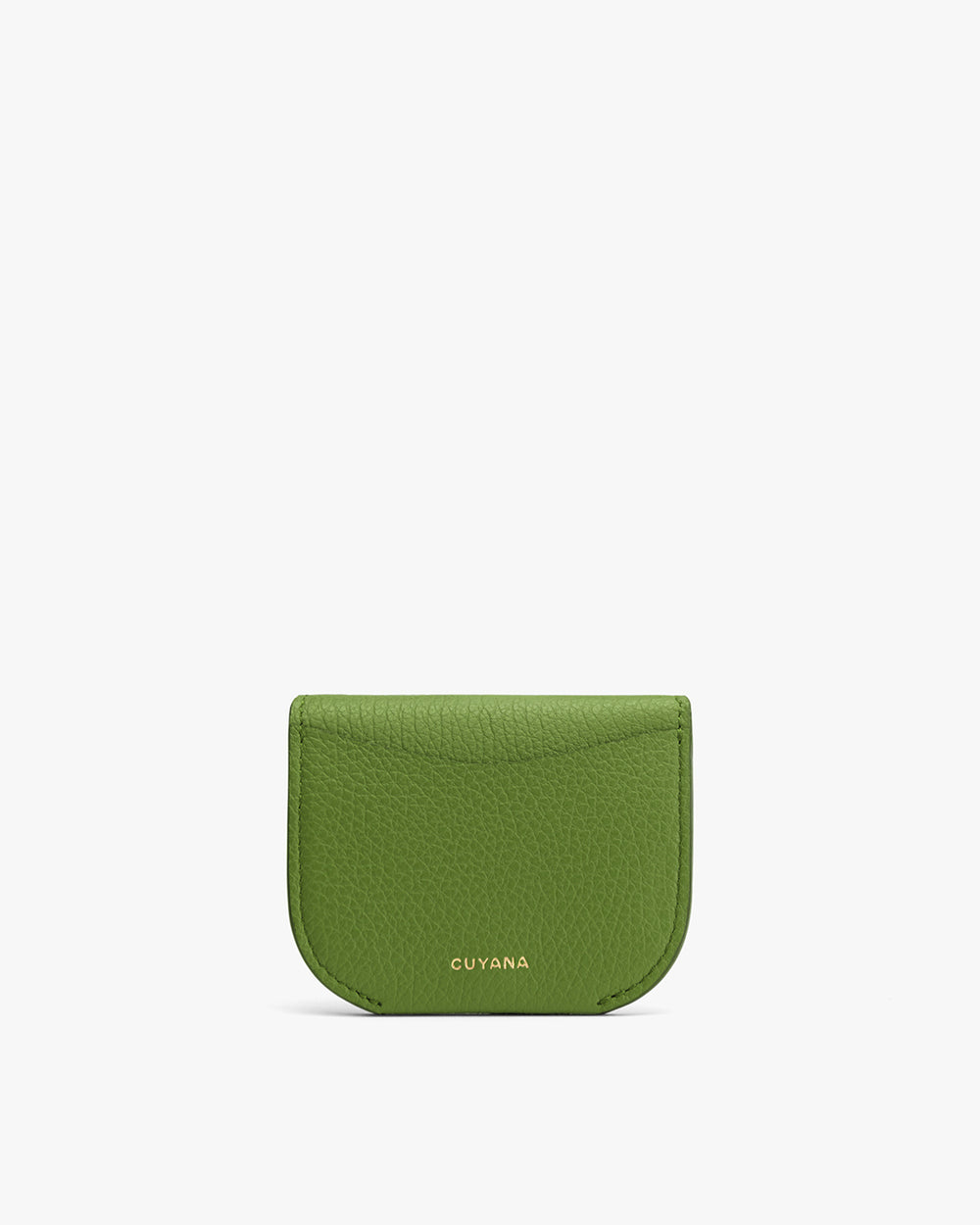 Fold Cardholder Small green wallet with brand name Cuyana on front.
