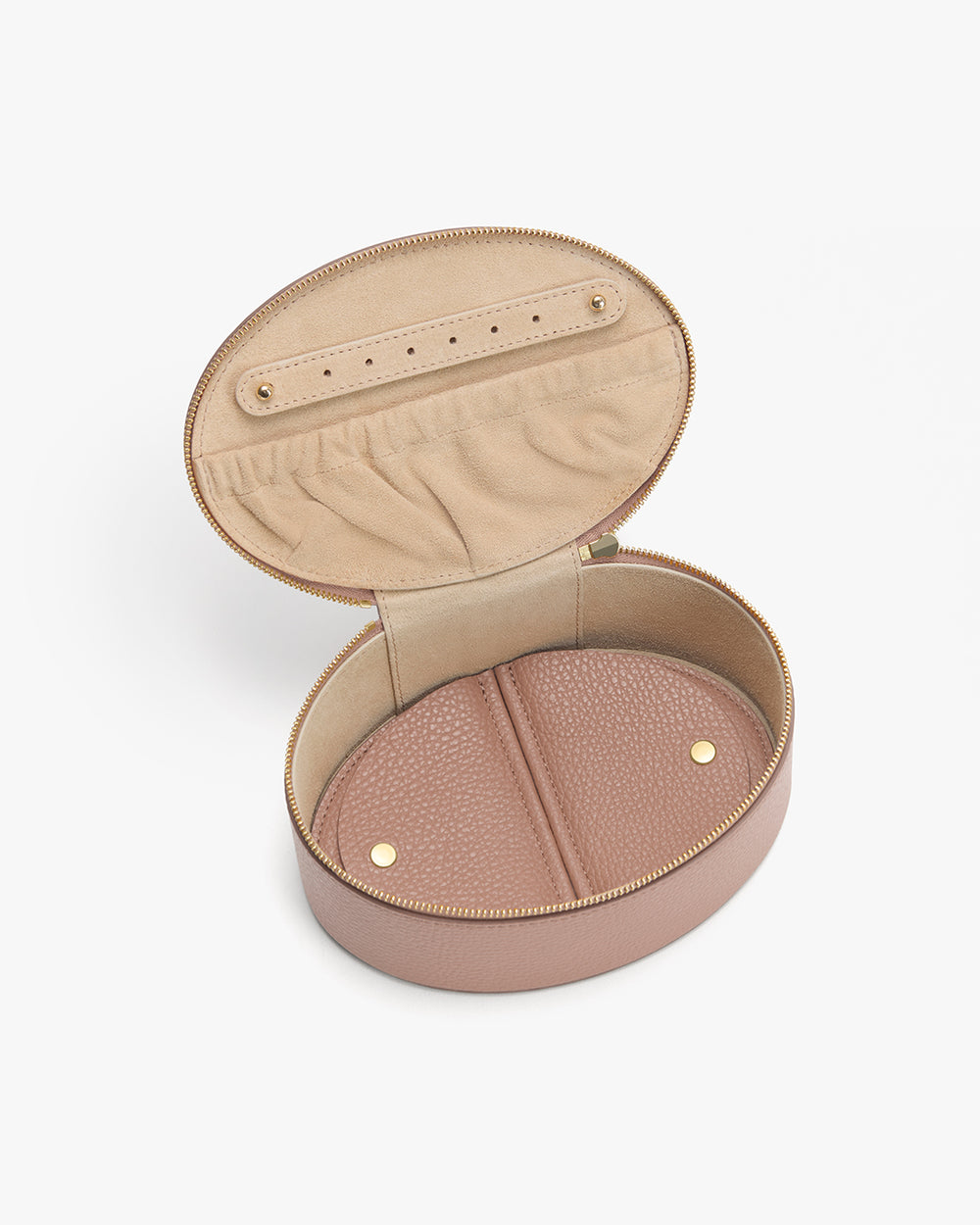 Large Jewelry Case Round jewelry case with open lid and pocket inside.