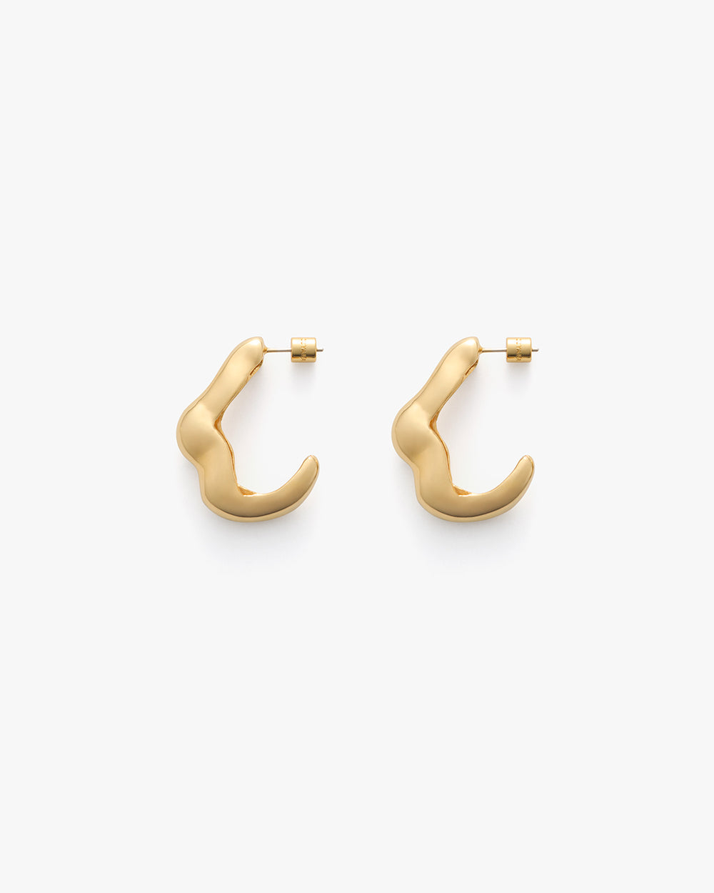 Pair of curved, minimalist earrings displayed on a plain background.