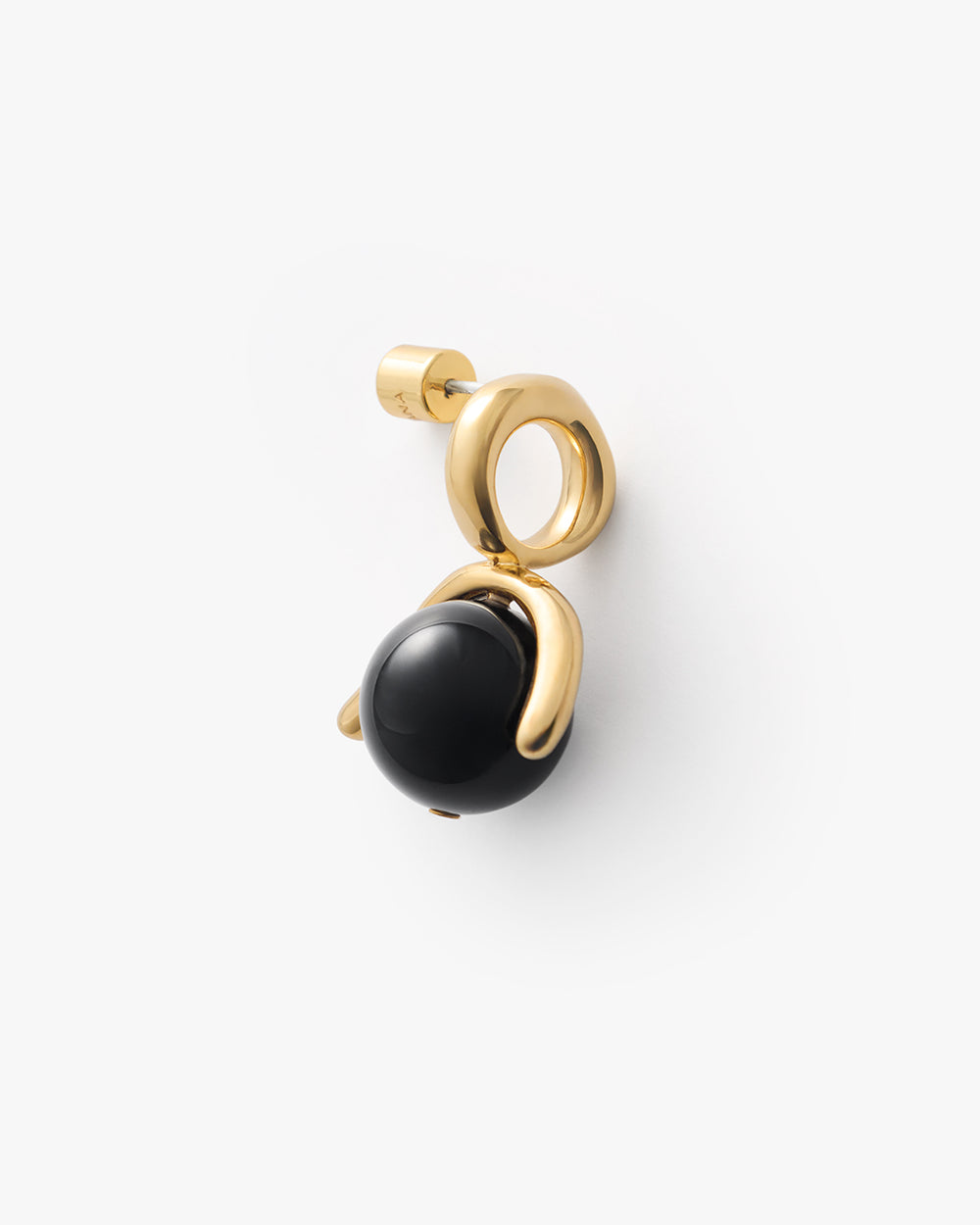 Ola Sphere Earrings Gold earring with geometric design and black stone.