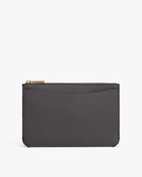 Rectangular zippered clutch bag with textured surface.