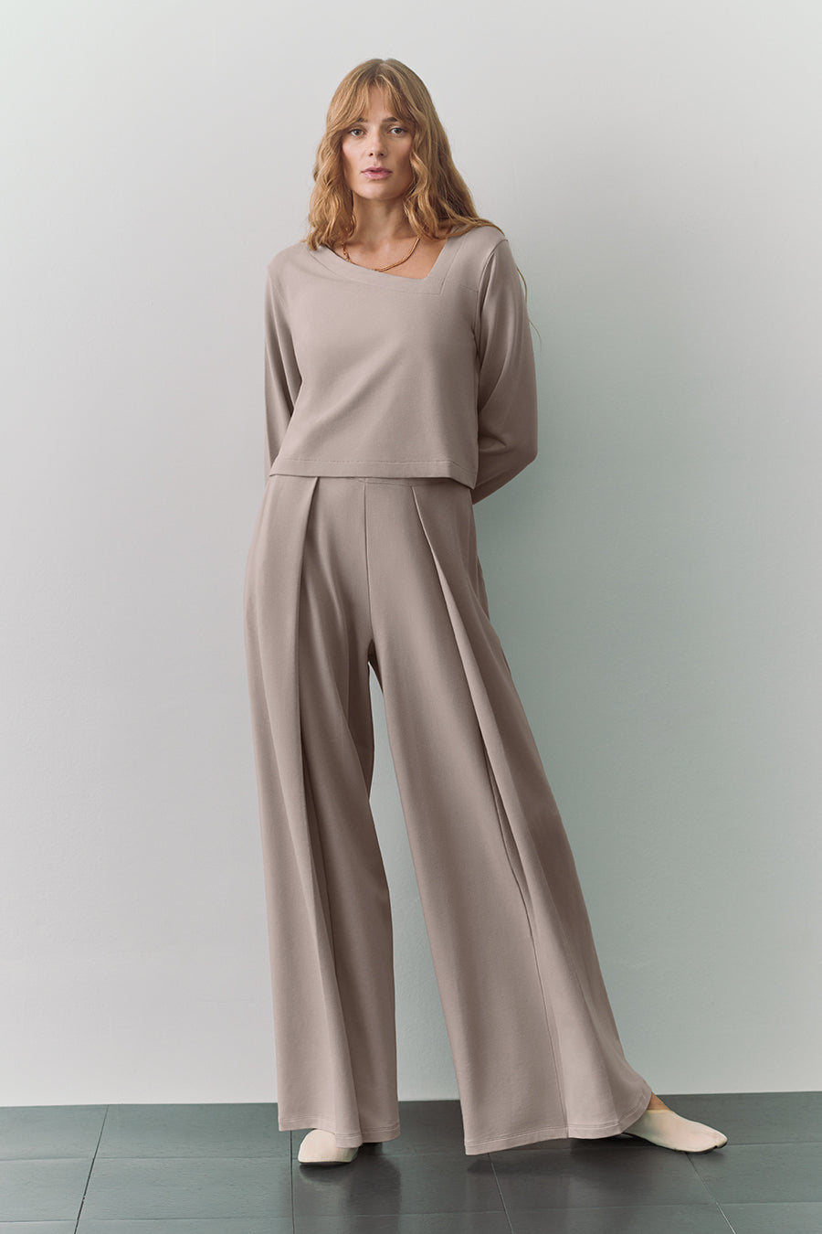 French Terry Asymmetrical Neckline Top Stone / Large