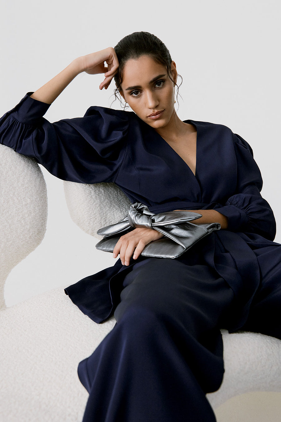 Silk Puff Sleeve Wrap Navy / Extra Small