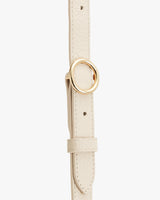 Belt with a metal buckle and punched holes displayed vertically.