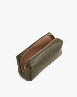 Pencil case with zipper closure on white background.