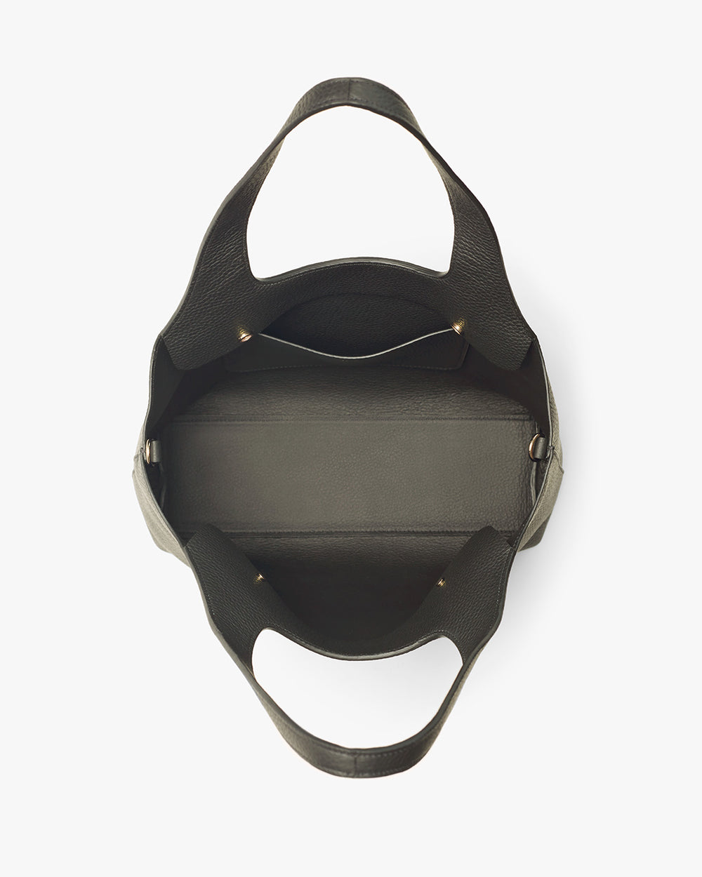 Top view of an open handbag with handles.