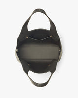 Top view of an open handbag with handles.