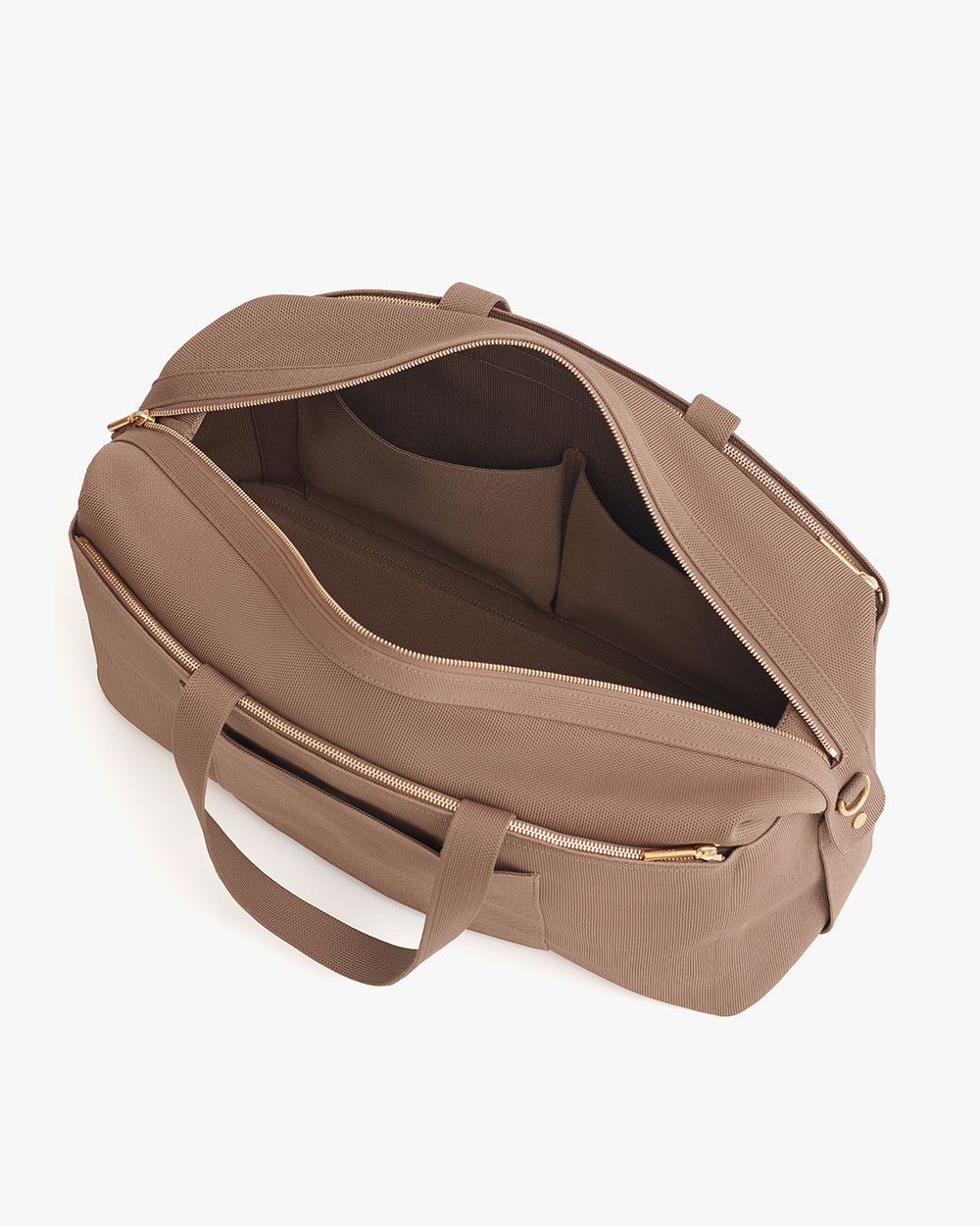 Weekender Bag (Recycled Knit) Open travel bag with shoulder straps and pockets inside.